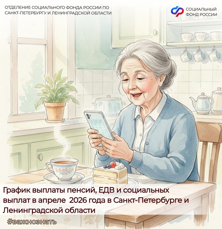 ОСФР по Санкт-Петербургу и ЛО объявляет график социальных выплат, ЕДВ  и пенсий в апреле 2026