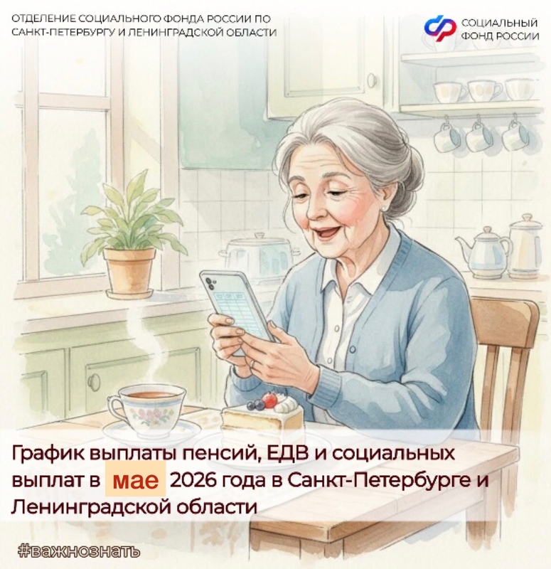 ОСФР по Санкт-Петербургу и ЛО объявляет график социальных выплат, ЕДВ  и пенсий в мае 2026