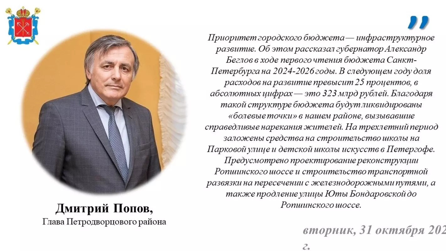 Глава администрации Петродворцового района Дмитрий Попов об инфраструктурном развитии Стрельны