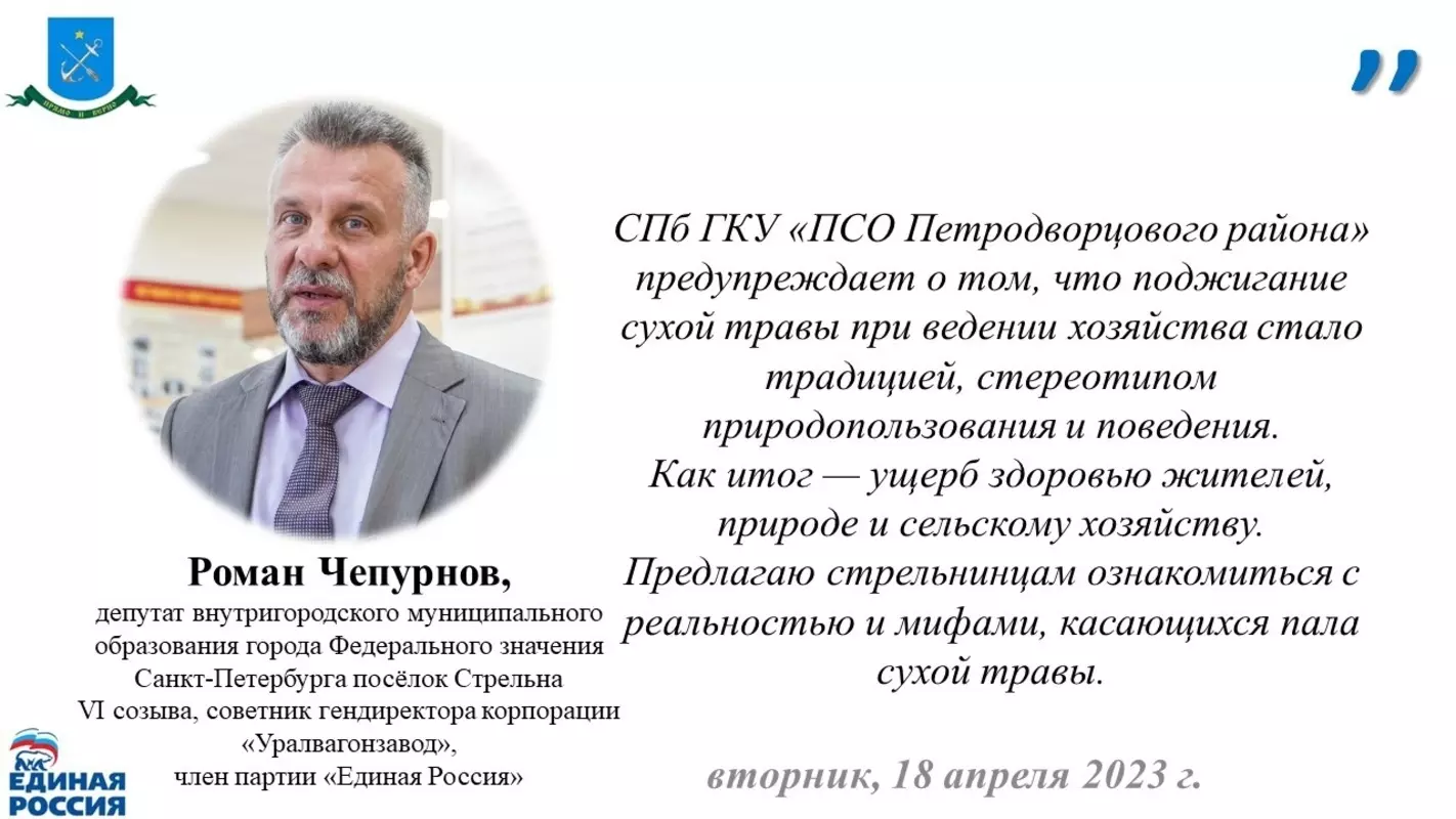 Пал сухой травы: мифы и реальность. ПСО Петродворцового района напоминает об эффективном способе борьбы с травяными палами — комментарий депутата Романа Чепурнова