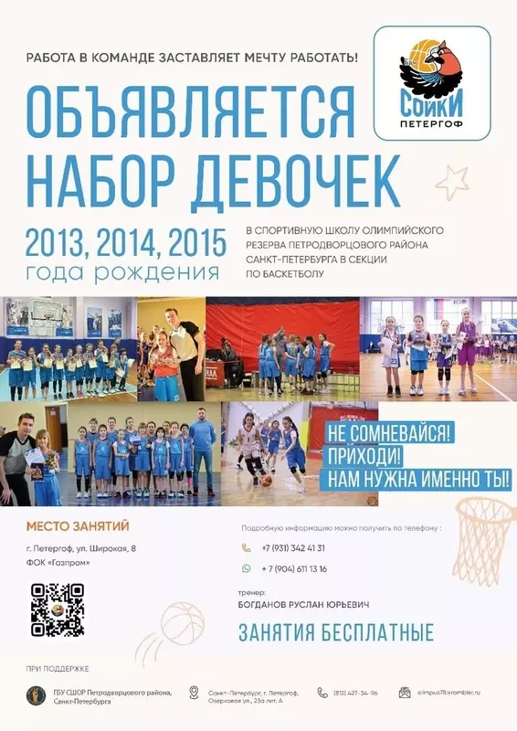 О наборе в бесплатную секцию баскетбола для девочек жителей Стрельны информирует депутат Михаил Калинин
