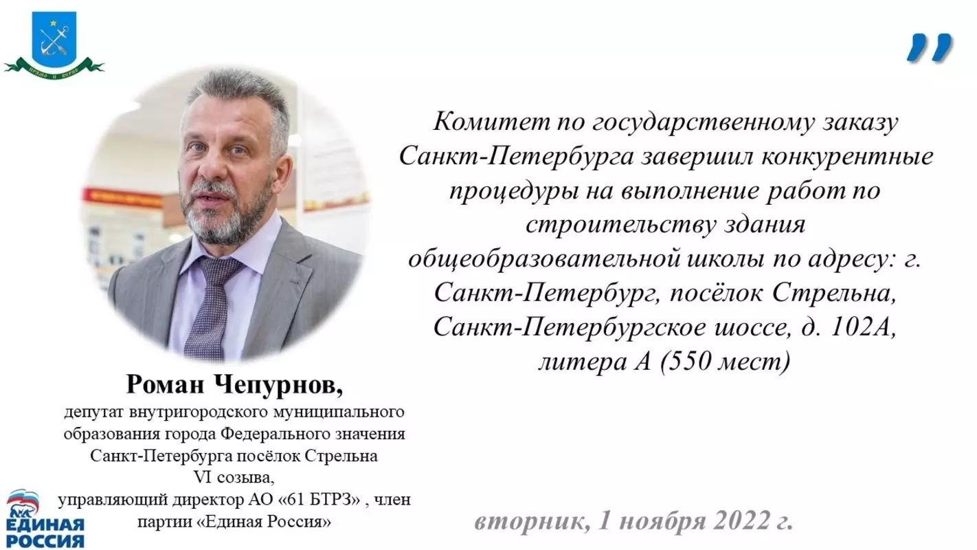 Депутат Роман Чепурнов об определении подрядчика на строительство новой 421 школы в Стрельне